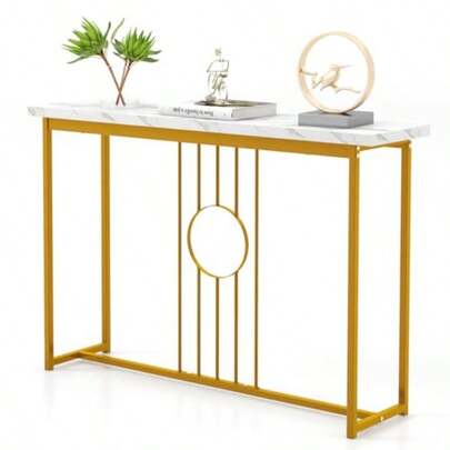 120CM Console Table Modern Faux Marble Top Entryway Table W/Heavy-Duty Metal Frame Long Sofa Side Table W/Gold Frame And Adjustable Foot Pads Narrow Accent Table