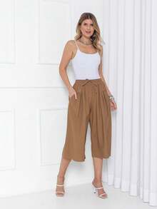 Plain Culottes With Two Elasticated Waist Pockets, Women's Linen, Knot Detail, Wedding Dress. - 卡其色 - 查看 2