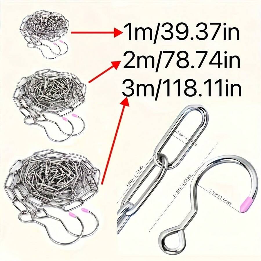 1m Heavy Duty Stainless Steel Chain With Double Hooks - Rust-Resistant, Durable, Suitable For Clothing And Heavy Items, Easy To Install