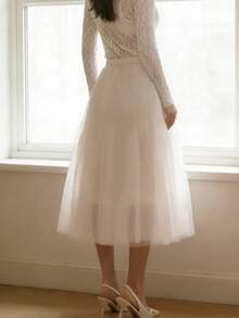 Apricot Tulle Midi Skirt With Black Bow-Sweet And Elegant Women's Date Party Dress - 杏色 - 查看 3
