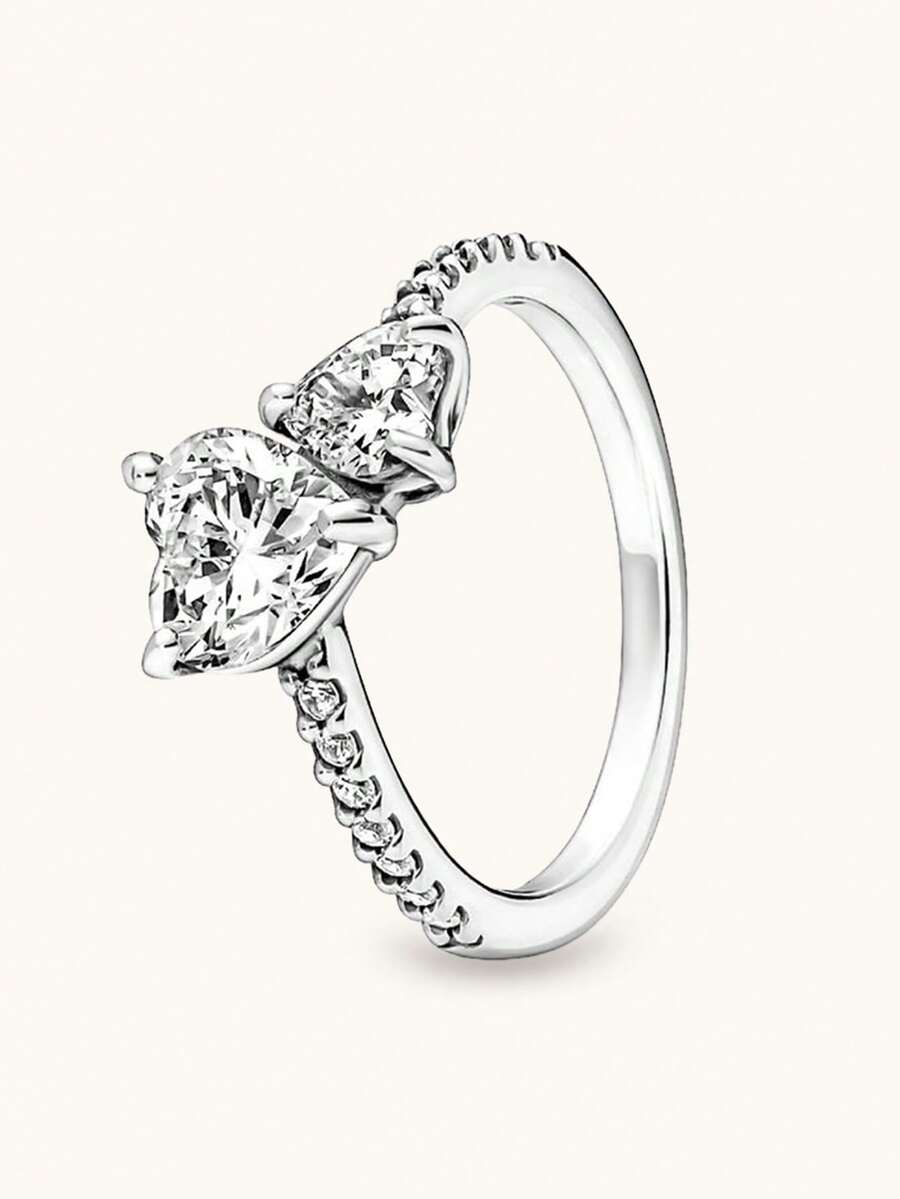 1 Pc Unique Silver Double Heart Gemstone Ring , Luxurious Style Ring , For Women's Weddings, Banquets, And Gifts For Girls' Daily Life Decoration - Bạc - Xem 1
