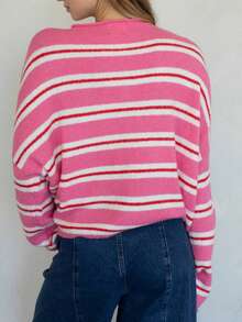 Women's Red And White Striped Button Up Tops Long Sleeve Crew Neck Sweater Casual Fall Pullover Shirts Fashionable Cardigans For Spring Fall Daily Wear - Pink - View 2