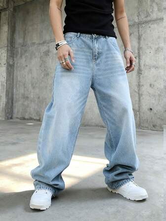 Pantalones vaqueros holgados de hip hop para hombres, pantalones vaqueros de pierna ancha, pantalones casuales sueltos de tela vaquera, pantalones largos de estilo urbano de colores variados para hombres