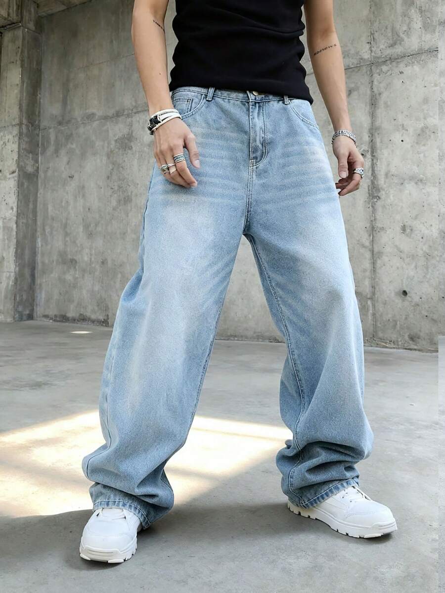 男士宽松嘻哈牛仔裤阔腿牛仔裤休闲宽松长裤街头风多色男士长裤 - 淺色水洗藍 - 查看 1