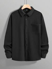 Men's Polar Fleece Shirts Coats, Old Money Style Thick Material Button Up Long Sleeve Shack,Loose Fit Unisex Black Shirts,Suitable For Couples & Evening Out, Perfect Boyfriend,Husband,Son's Gift - Black - View 2