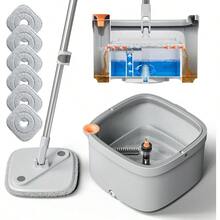 Spin Mop And Bucket Set With Self Separation Dirty And Clean Water System Self Wringing 360° Rotating Square Mop Head For Home Floors Cleaning 1.0 Mop And Bucket Set (6 Pads ) - XámTrắng - Xem 1