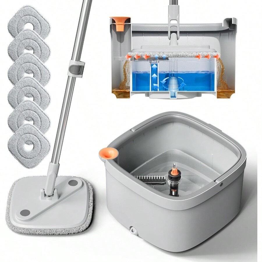 Spin Mop And Bucket Set With Self Separation Dirty And Clean Water System Self Wringing 360° Rotating Square Mop Head For Home Floors Cleaning 1.0 Mop And Bucket Set (6 Pads ) - XámTrắng - Xem 1