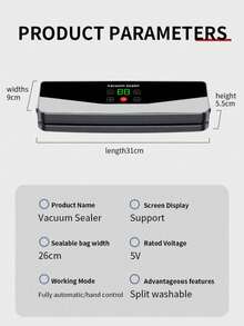 1pc Automatic Vacuum Sealer Machine For Home Use, Equipped With Vacuum Pump, Includes 10pcs Vacuum Bags, Wet & Dry Use, USB Rechargeable, Battery Capacity: 2000mAh - Black - View 8