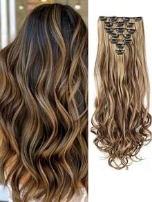 7件套16夹合成24英寸长卷发假发，耐热发夹，渐变黑棕金色女士假发 - 彩色 - 查看 2