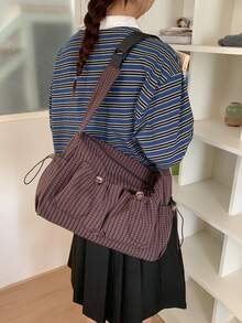 新款格子抽绳云朵褶皱单肩包/斜挎包，女士大容量，宽肩带，拉链封口，双口袋，抽绳设计 - 咖啡 - 查看 8