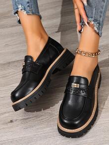 2026 Spring New Thick Heel Loafers For Women, Casual Leather Shoes Suitable With Dresses, Versatile - Black - View 3