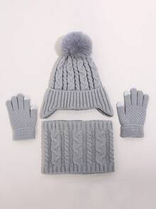 儿童帽子、手套和围巾三件套，带保暖内衬护耳针织帽，冬季保暖配饰，男女童皆宜 - 護耳帽三件套 - 查看 11