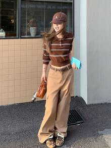 Y6Y 2025新款秋冬棕色条纹Polo针织衫，撞色长袖套头衫，女士