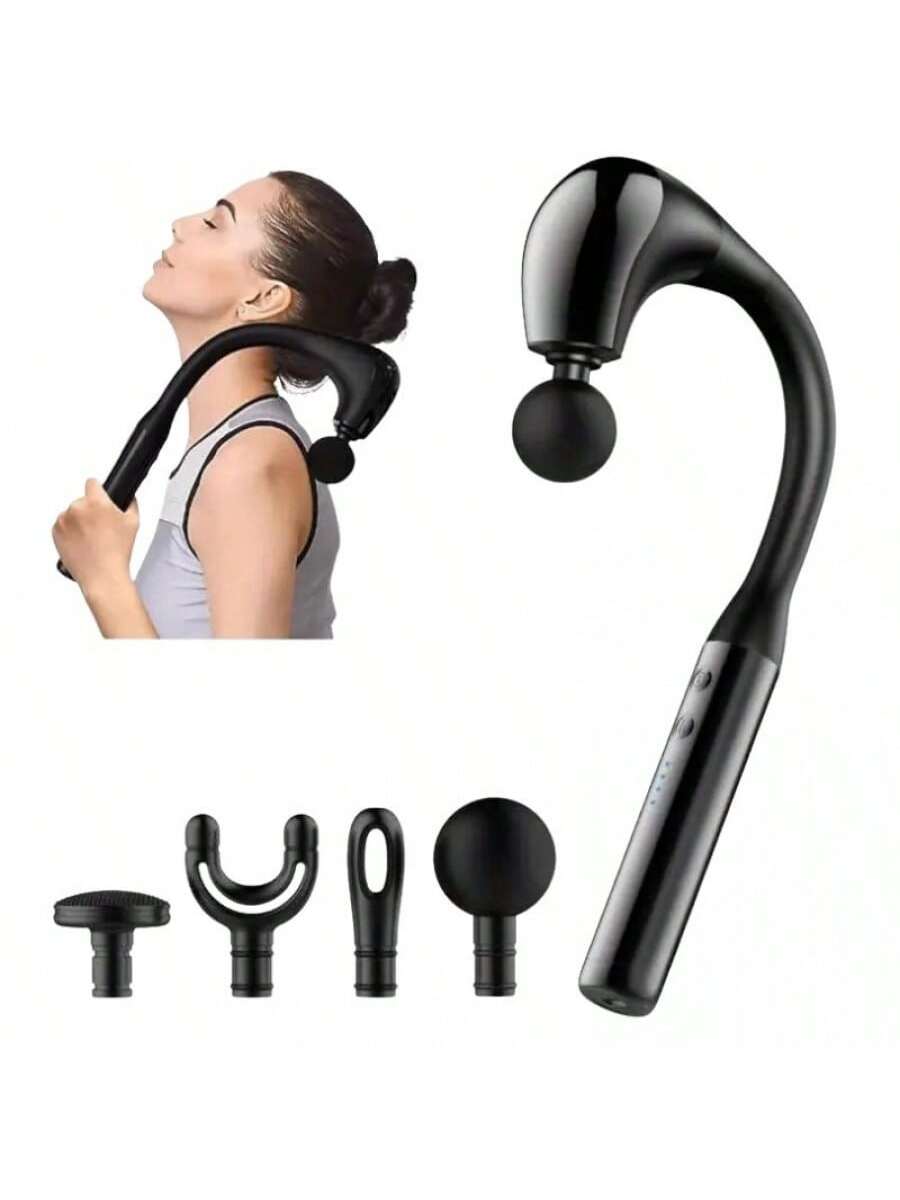 Pistola de Masaje Muscular de Mango Curvo - Masajeador de Percusión Ergonómico para Espalda y Cuello con 4 Cabezales