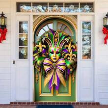 Encantadora cubierta de puerta de Mardi Gras - Diseño de máscara festiva, letrero de decoración de pared de poliéster para uso diario y de fiesta, 70.87x35.43 pulgadas