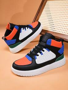 Men's High-Top Skate Shoes, Black Multi-Color Sneakers With Orange Blue Green Accents, Thick Sole Breathable Athletic Shoes For Streetwear, Comfortable Urban Style Gift For Him - 黑藍 - 查看 5