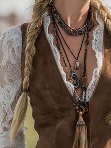 Women's Elegant V-Neck Long Sleeve Lace Trim Faux Denim Collar Cover Up - Bohemian Western Cowgirl Style, Stretchy & Versatile, Suitable For Casual, Denim Outfits, All Seasons, Women's Western Wear, Women's Shirts & Blouses - Brown - View 4