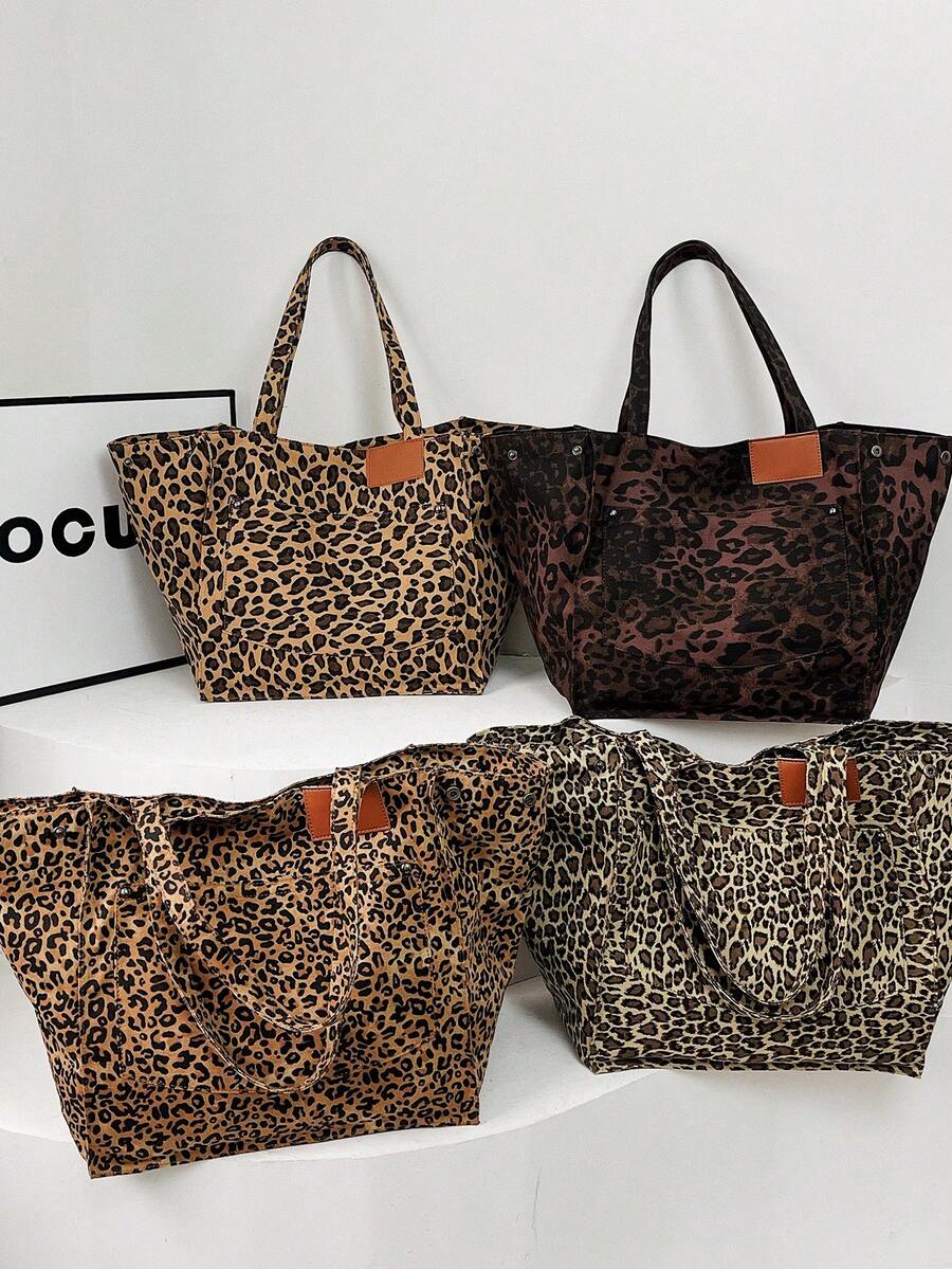 Borsa a mano da donna con stampa leopardata, borsa a tracolla/sotto braccio casual minimalista di grande capacità, borsa da lavoro (stile college)