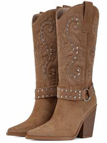 Women's Western Knee High Boots With Rhinestone Embroidery, Chunky Block Heel Cowboy Boots, Pointed Toe Faux Suede Fashion Outdoor Boots For Fall Winter Outfits - 駝色 - 查看 2