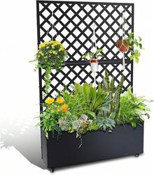 Caja de Plantación Metálica con Enrejado, Pantalla de Privacidad de Acero Galvanizado, Diseño Modular para Plantas Trepadoras, Maceta Elevada para Patio y Jardín, Color Negro - Con ruedas - Ver 1