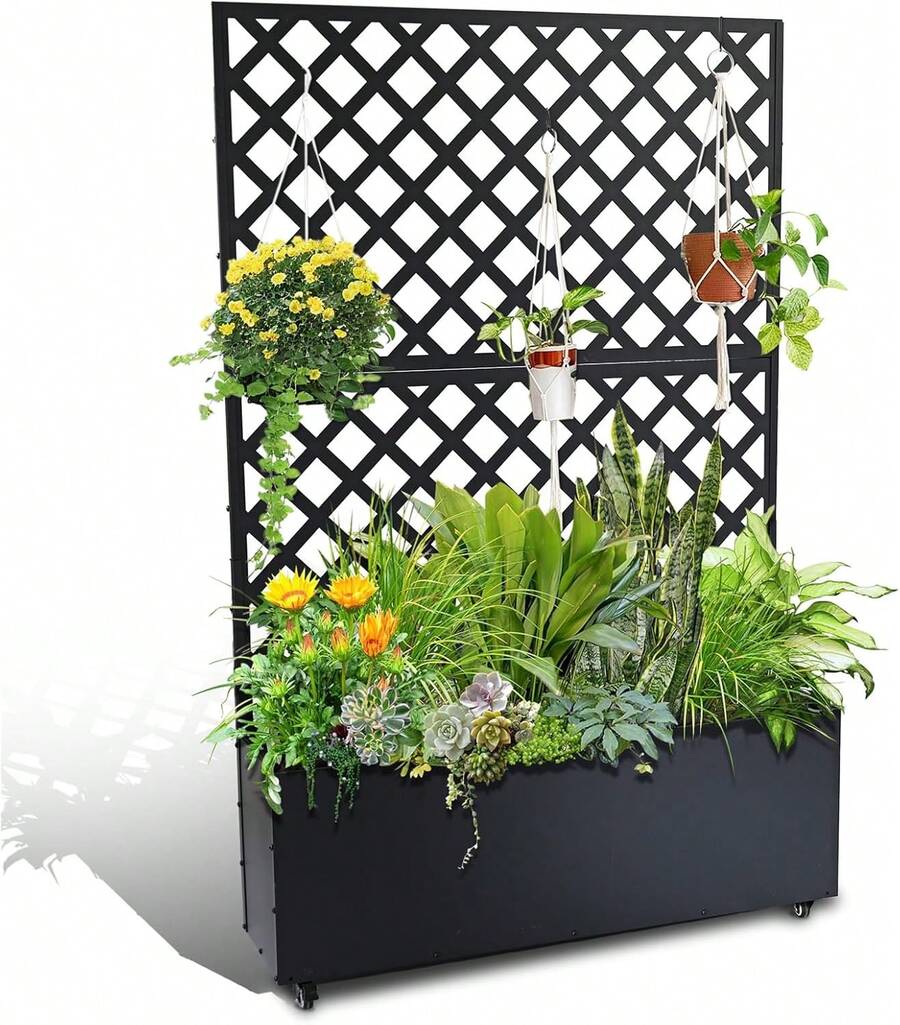 Caja de Plantación Metálica con Enrejado, Pantalla de Privacidad de Acero Galvanizado, Diseño Modular para Plantas Trepadoras, Maceta Elevada para Patio y Jardín, Color Negro - Con ruedas - Ver 1