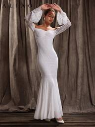 A&A Elegant Spets Jacquard Fisksvanskant Aftonklänning, Enfärgad Klänning, Bara Axlar Rufflade Ärmar, Vår- och Höstklänning, Helvit Festklänning Dam