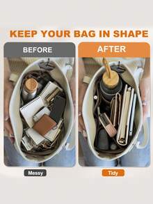 Felt Purse Organizer Insert For Le L Tote Bag & M Handbag, Zipper Long Champ Bag Organizer Insert With Cup Holder, Women Bags Divider Shaper With 8 Compartments - Black - View 6