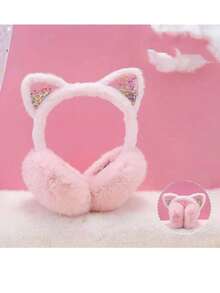 Cute Cat Ear Earmuffs, Suitable For Teenage Girls - Foldable Winter Warm Earmuffs, Shiny Sequin Design, Solid Color, Polyester Material, Fit For Ages 15 And Up - Multicolor - View 4