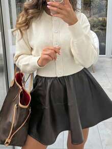 Herbst und Winter Neue einfarbige langärmelige Rundhals Strickjacke Damen Winterstil Elegant Mode Einfach Strickpullover Locker Weich Wachsweich Pullover Tägliches Pendeln Alles passend Halloween Oberteil - Beige - Übersicht 3