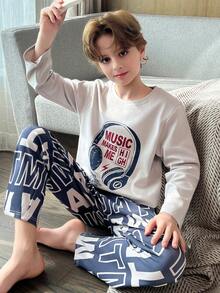 2pcs/Set Autumn/Winter Boys Pajamas, Cute Cartoon Print Round Neck Soft Knit Fabric Loungewear - Blue - View 1