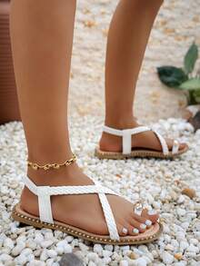 2026 Summer New Woven Thong Sandals With Crossed Straps, Comfortable Flat Beach Vacation Sandals - White - View 2