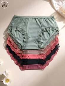 5 PCS Women's Sexy Lace Splicing Triangle Panties Low Waist Seamless Briefs Ice Silk Comfortable Sports Underwear Lingerie