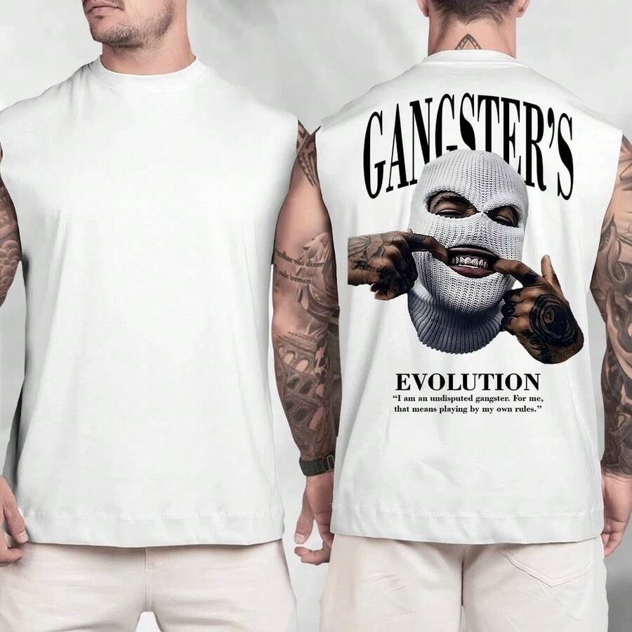 Regata Machão Camiseta Gangster Cavada Oversized Premium 100% Aldogão Academia Gym Body Builder Para Treino Masculina Estilosa Fitness - Branco - Visão 1