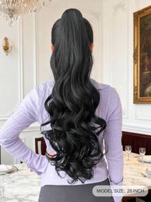 26-Inch Long Deep Wave Thermal Fiber Synthetic Ponytail Hair Extension, Claw Clip Design, Suitable For Daily Wear - Black - View 3