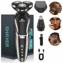 Afeitadora eléctrica 3 en 1 para hombres, recargable por USB, inalámbrica, con recortadora de vello nasal, cuchillas flotantes 3D, pantalla digital, capacidad de batería de 600mAh - Negro - Ver 3