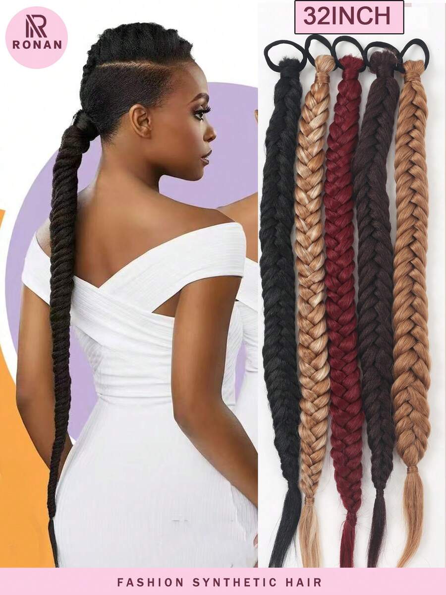 1pc 32-Inch Handmade Fishbone Braid Ponytail With Elastic Bands, Suitable For Women