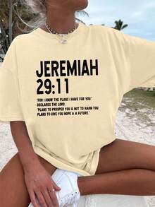 大码英文短语文字图案T恤，休闲舒适日常上衣 - 杏色 - 查看 7