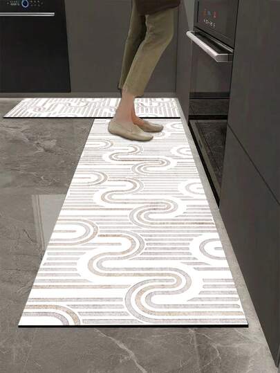 1 Stück Silica Gel Küchenfußmatte, modernes abstraktes welliges Muster mit strukturierter gestreifter Basis, mit sanft geschwungenen Elementen in hellen Braun- und Beigetönen, geeignet für Küche, Bad, Eingangsbereich, Waschküche, Schlafzimmer, Wohnzimmer Dekoration