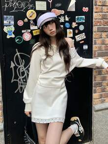 Y6Y 2-Piece Set: Polka Dot Splice Design Asymmetrical Shoulder Long Sleeve Top And High Waist Bodycon Mini Skirt, Soft Korean Style, New Arrival Autumn/Winter 2025