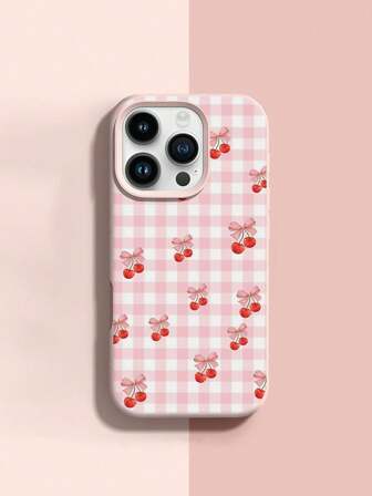 1 pieza Funda protectora de teléfono de material de silicona con patrón a cuadros de dos tonos de cereza, orificio grande, color rosa líquido resistente a golpes, compatible con Apple Xs/Xsmax/Xr/11 12 13 14 15 16pro/Promax/14 15 16plus/17, unisex, puede ser un regalo festivo