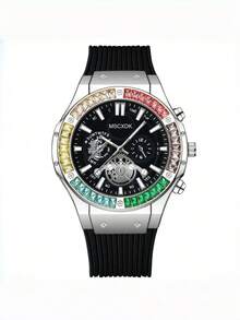 Reloj de hombre de marca MSCXDK, correa de silicona, esfera decorada con cristales, reloj deportivo militar casual (sin caja) - Plateado - Ver 7