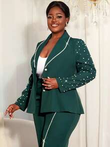 Plus Size Women Dark Green Tailored Blazer Jacket Lapel Collar Long Sleeves Pearl Chain Button Elegant Office Work Wear Fall Winter Coat Wedding Party - Dark Green - View 6
