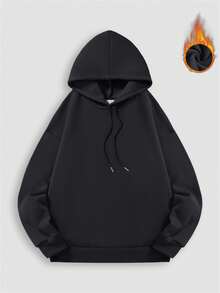 Sweat-shirt à épaules tombantes en coton pour homme, orné d'un motif sur le thème de l'amour et de la paix. Confectionné dans un tissu épais et décontracté pour l'automne/hiver, ce sweat-shirt chaud et ample est doublé en polaire. - Noir - Voir 3