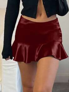 Yueweinini 优雅休闲柔软丝滑亮面缎面纯色A字高腰拉链半身裙，适合派对、情人节、音乐节、婚礼等场合。 - 酒紅色 - 查看 3
