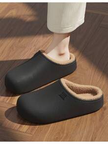1 Pair Spring 2026 PU Leather Flat Warm Slippers, Waterproof EVA Indoor Outdoor Fluffy Closed Toe Slides - Black - View 2