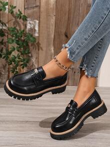 2026 Spring New Thick Heel Loafers For Women, Casual Leather Shoes Suitable With Dresses, Versatile - Black - View 5