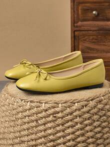 Women Minimalist Yellow-Green Square Toe Flats, Bow Soft Sole Flats For Work & Casual - 芥末黃 - 查看 5