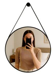 Round Decorative Adnet Mirror With Handle For Wall Mounting In Living Room, Bedroom, Office, Bathroom - 駝色 - 查看 3