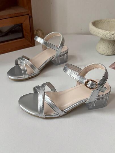 Girls' Elegant High Heel Sandals, Size 26-36 | Chunky Transparent Heel And Ankle Strap | Multi-Color Metallic Shoes, Suitable For Flower Girl, Communion And Formal Occasions