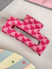 1个女士粉色爱心印花可爱情人节礼物发爪夹，粉色配饰，情人节发夹，发饰，适合学校、大学、秋冬季、女士节日装扮，花朵发夹 - 彩色 - 查看 4